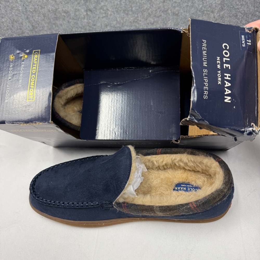Cole Haan Mens Venetian Plaid Collar Microsuede Slippers Midnight Moon 11 104852 - Picture 3 of 12